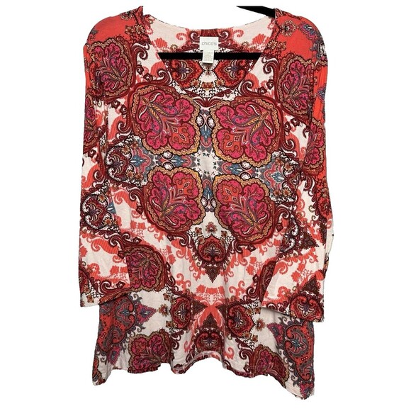 2/$30 Chicos Paisley Tunic Top Size L Colorful Boho Hippie Western Stretch - Picture 1 of 11
